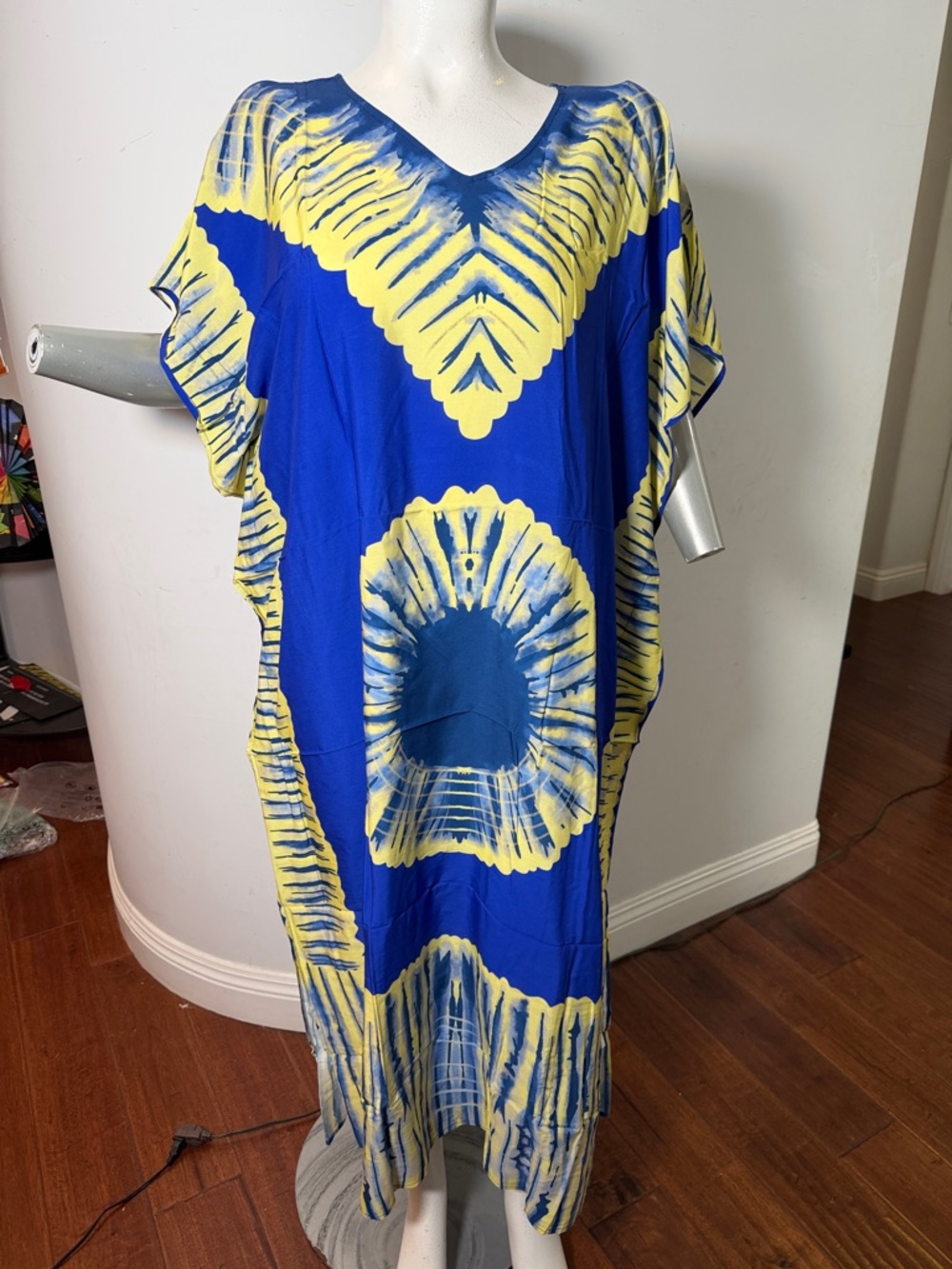 Bohemian  Blue Yellow Tie-Dye V-Neck Kaftan Muumuu Maxi Beach Dress Boho Summer